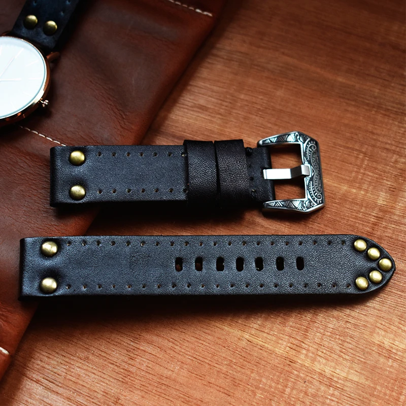 Onthelevel Classical Soft Leather Watch Strap With Rivets 18mm 20mm 22mm Vintage Watchband With Carved Buckle #C