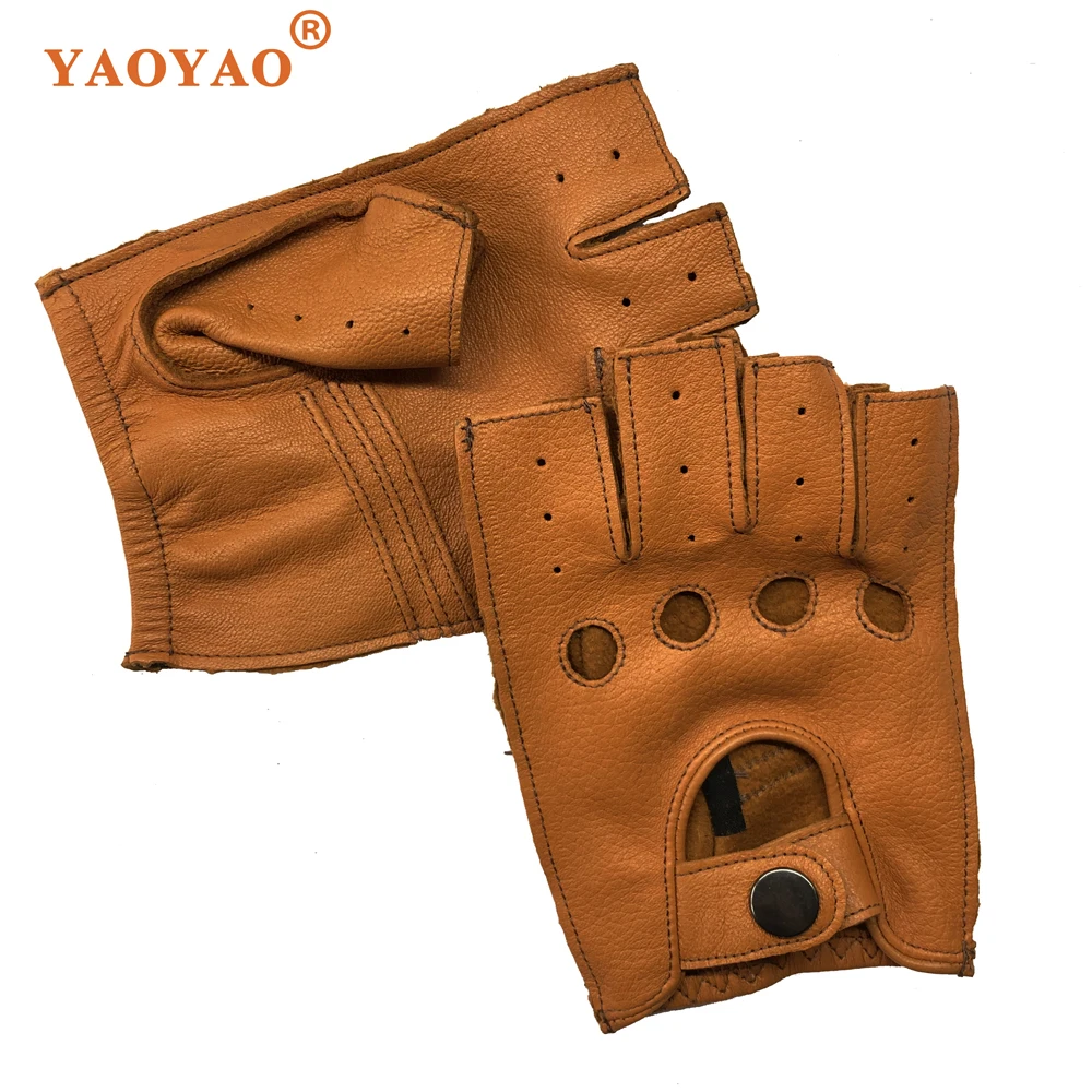 Men Winter Genuine Leather Fingerless Thin Short Gloves Male Stylish Fitness Locomotive Luvas Black/Yellow/Brown Suede Eldiven