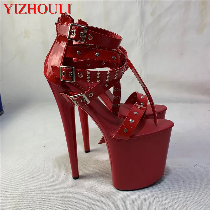 Fashion women's shoes 20 cm high heels, rivet decorated gladiator sandals, steel pipe with buckle, dancing shoes