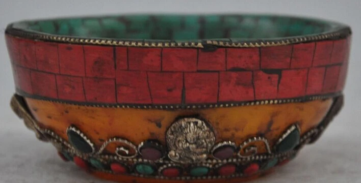 decoration Tibet copper silver  old tibet palace Beeswax silver Mosaic Turquoise Gem buddha god statue cup bowl