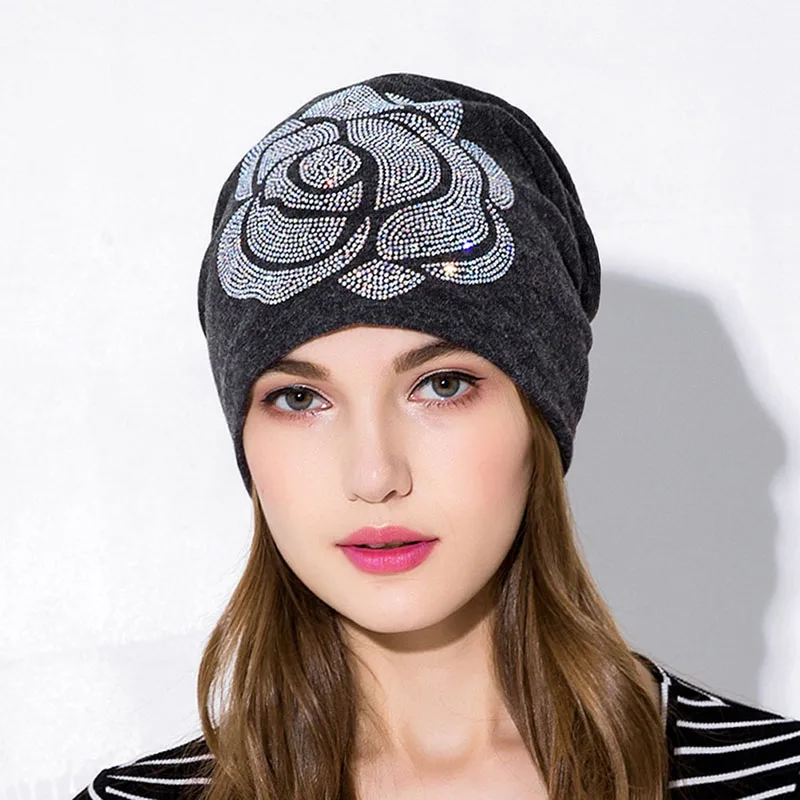 GZHILOVINGL New Arrival 2018 Winter Hats Cap Skullies Beanies For Women Casual Cotton Flower Rhinestone Beanie Hats Touca Gorro