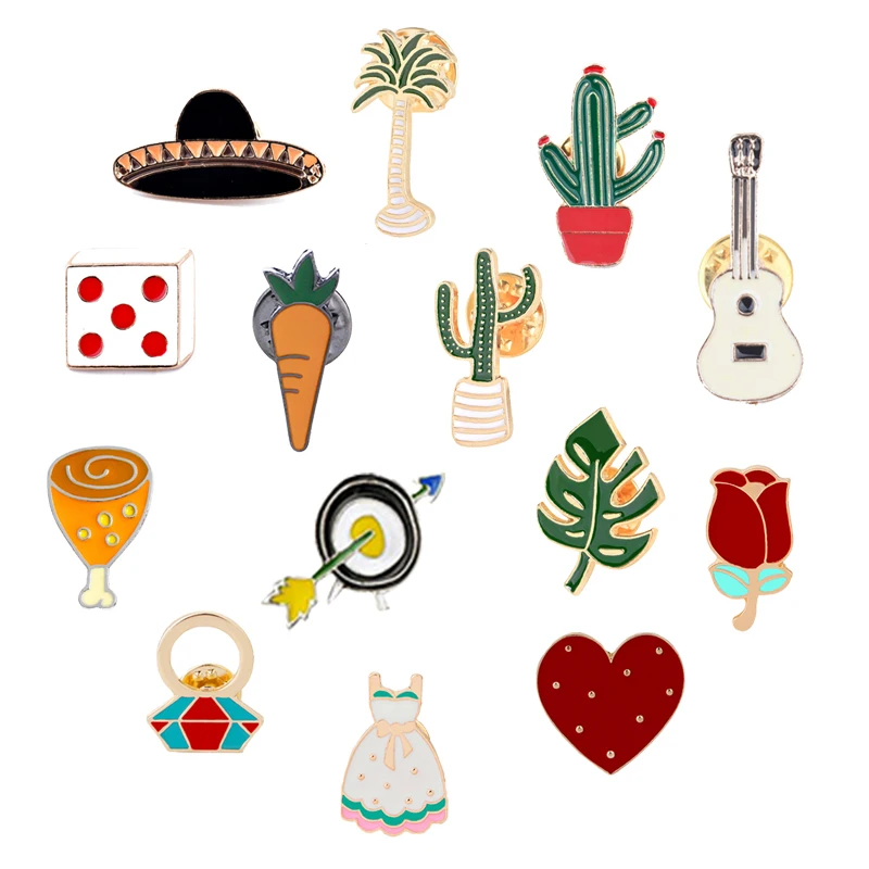 Cartoon Enamel Pins Fashion Chicken Legs Carrot Tree Cactus Guitar Heart Brooches Clothes Hat Lapel Pin Badge Kids Jewelry Gifts