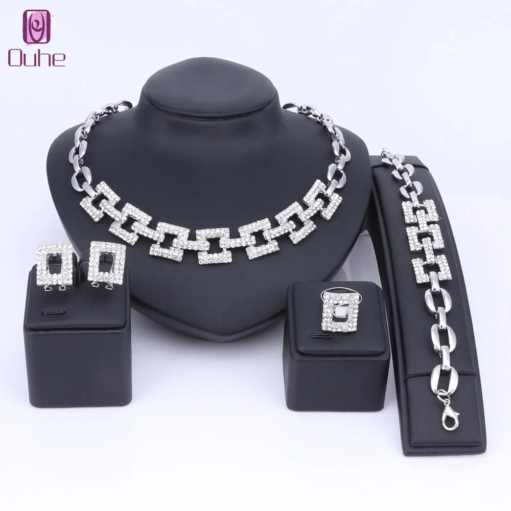 

Women Statement Crystal Pendant Necklace Bracelet 4Pcs Jewelry Sets Crystal Fashion Hollow Dubai Jewelry Ethiopian Africa Gifts