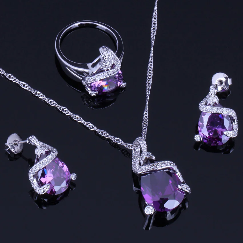 Enchanting Purple Cubic Zirconia Silver Plated Jewelry Sets Earrings Pendant Chain Ring V0239