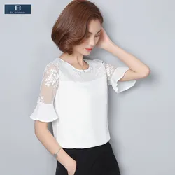 [EL BARCO] New Summer Lace Women Chiffon Blouse Shirt Short Butterfly Sleeve Floral Mesh White Female Fashion Top Clothes Blusas