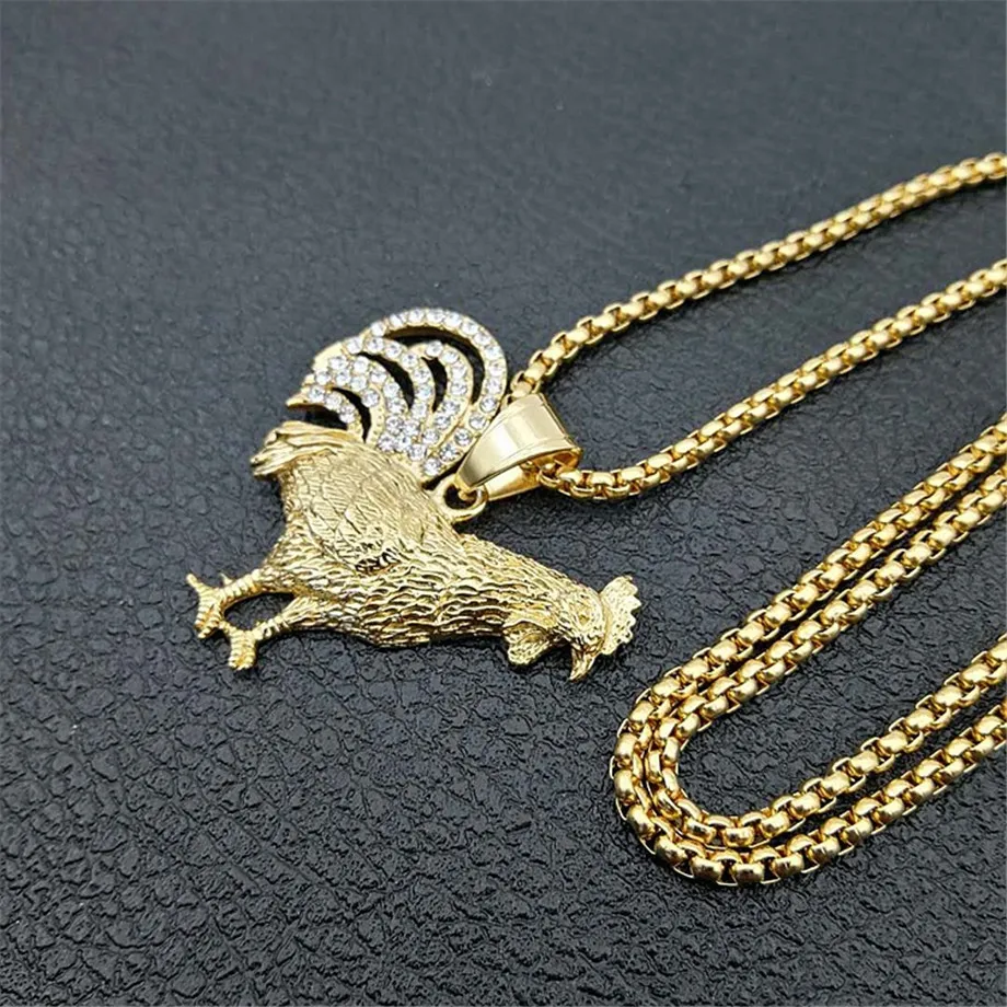 Hip Hop Iced Out Bling Gallic Rooster Pendant Necklce For Men/Women Gold Color Stainless Steel French Jewelry Gift Collier