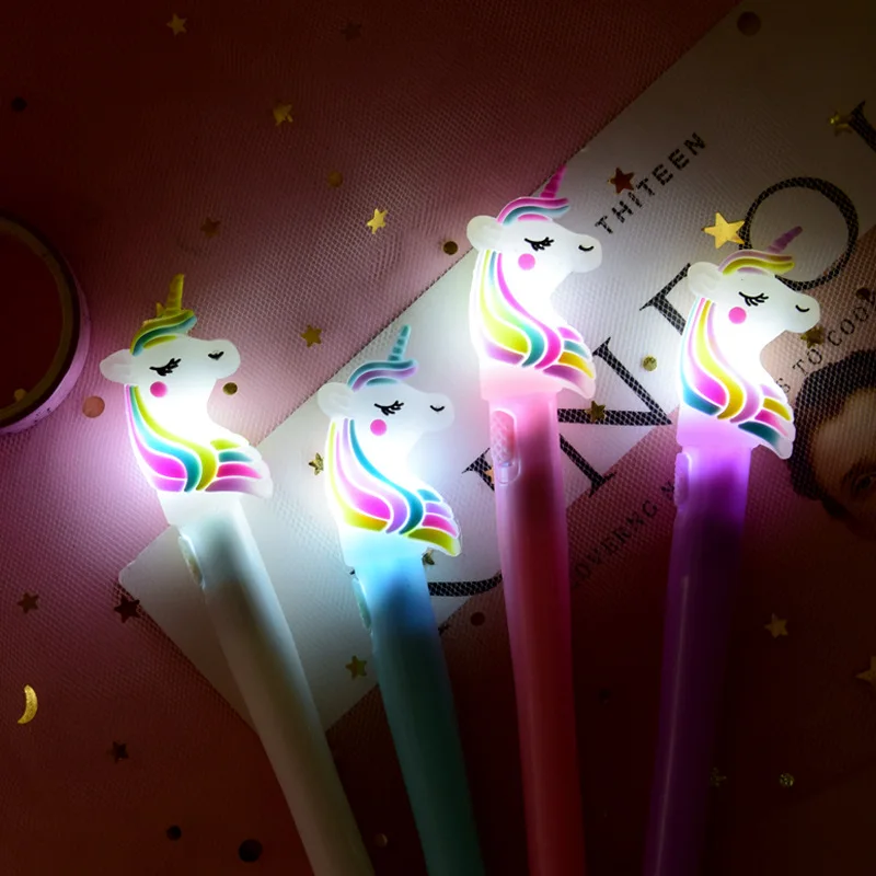 1 Pcs Creative Cute Cartoon Unicorn Gel Pen Novelty LED Lights Pen Student Writing Signing Pen Gift Stationery School Supplies