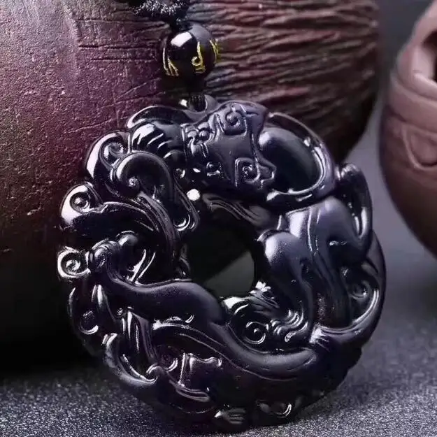 Handcrafted Obsidian Fengshui Dragon Pixiu Necklace Good Luck Piyao Beaded Necklace Wealth Pixiu Necklace Lucky Fengshui Jewelry