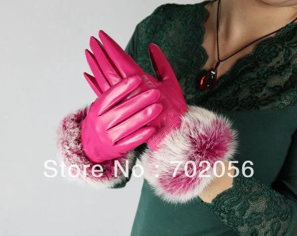 Women rabbit fur fringed Genuine leather gloves skin gloves LEATHER GLOVES mixed color SUPER QUALITY SOFT 12pairs/lot #3123