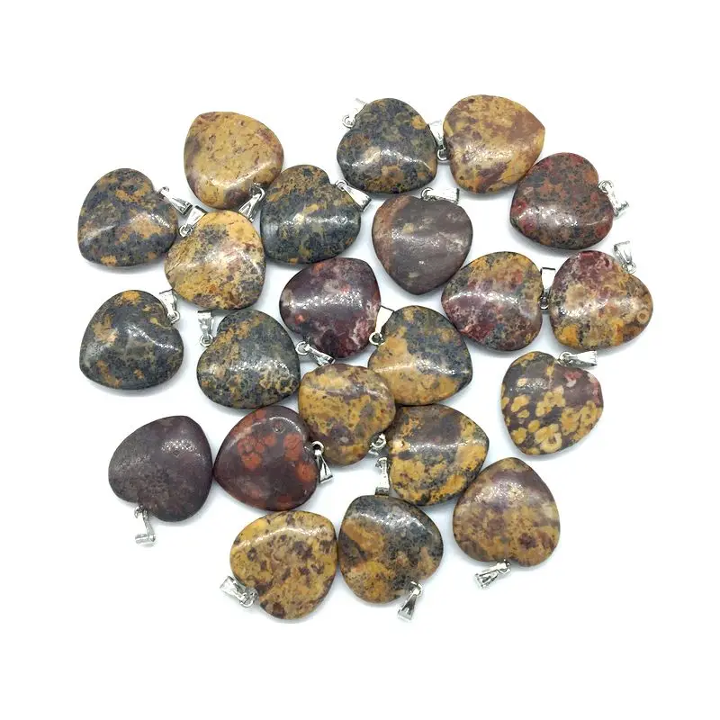 50 pcs a Lot Wholesale Stone Heart Pendants 20 mm Natural Red Leopard Stone Picture Picasso Heart Charm DIY Making Earrings