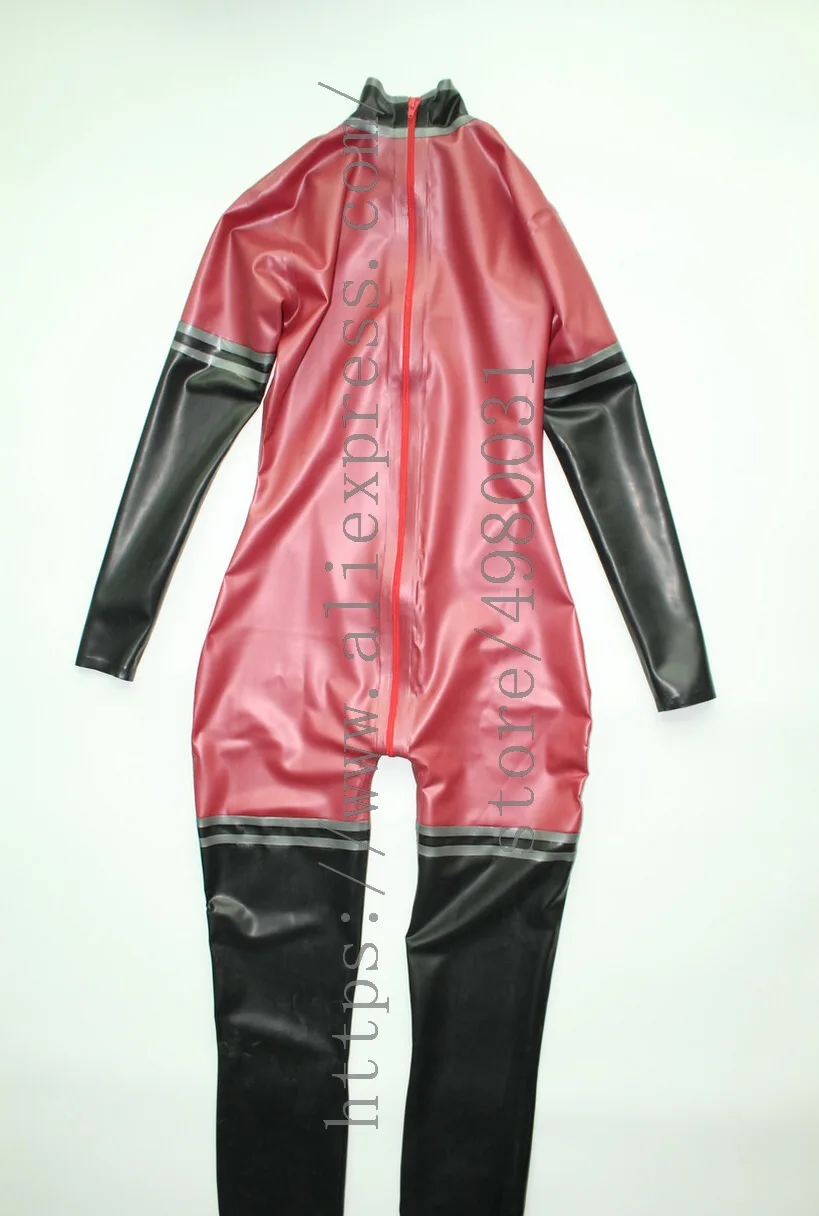 Frauen latex Zentai langarm spät catsuit mit socken in metallic rose mit schwarz und dunkelgrau schneidet dekorationen