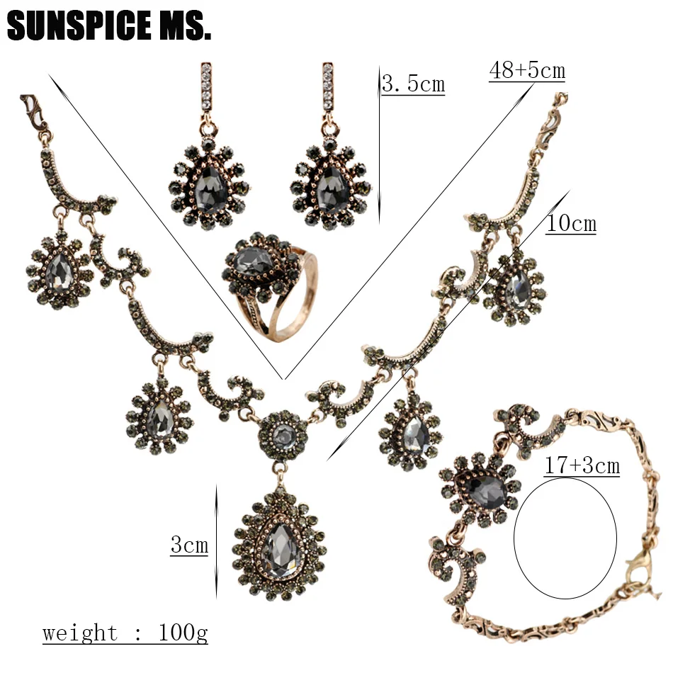 Sunspicems 2021 Morocco Ring Bracelet Earrings Necklace Jewelry Sets For Women Antique Gold Color Bohemia Crystal Bijoux Gift