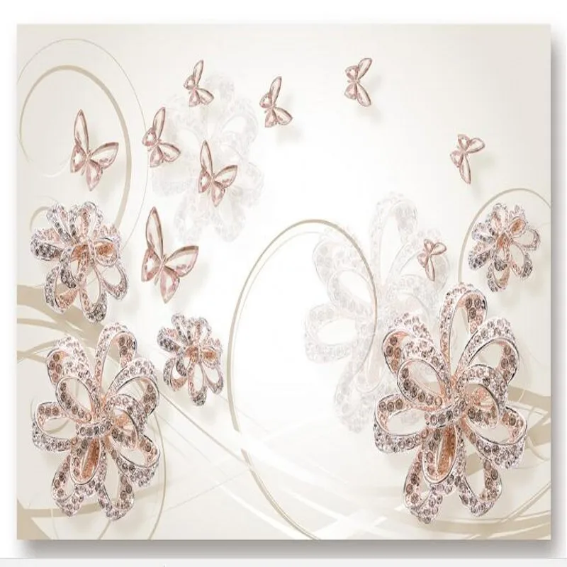 wellyu Custom large fresco 3d nude color gorgeous jewelry flowers transparent butterfly TV backdrop  fabric wallpaper