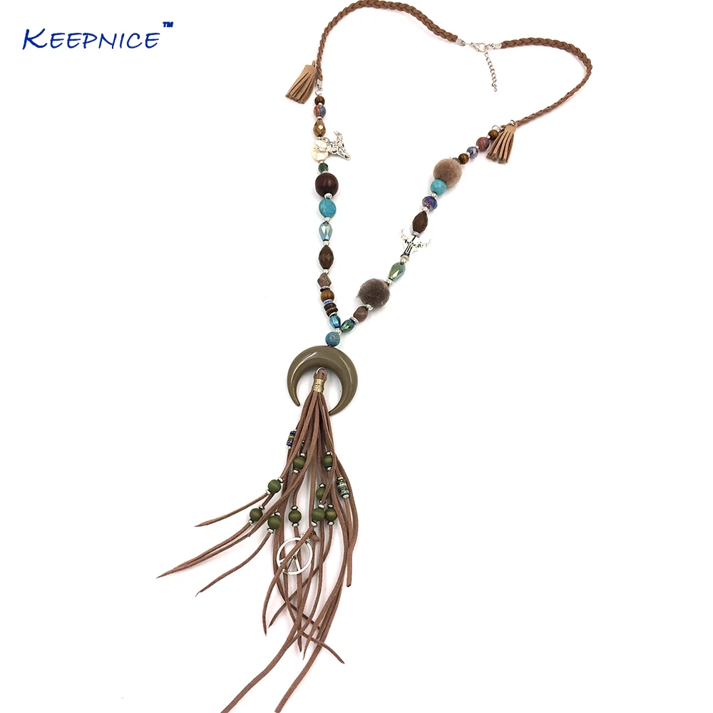 New Bohemia Boho long Necklace colorful beads chain leather tassel pendant Necklace long fringe moon crescent pendants necklace