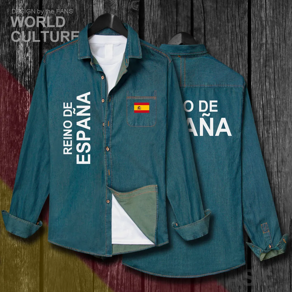 

Kingdom of Spain Espana ESP Spanish Spaniard Men clothes Autumn Cotton Turn-down Collar Jeans Shirt Long Sleeve Cowboy Coat Tops