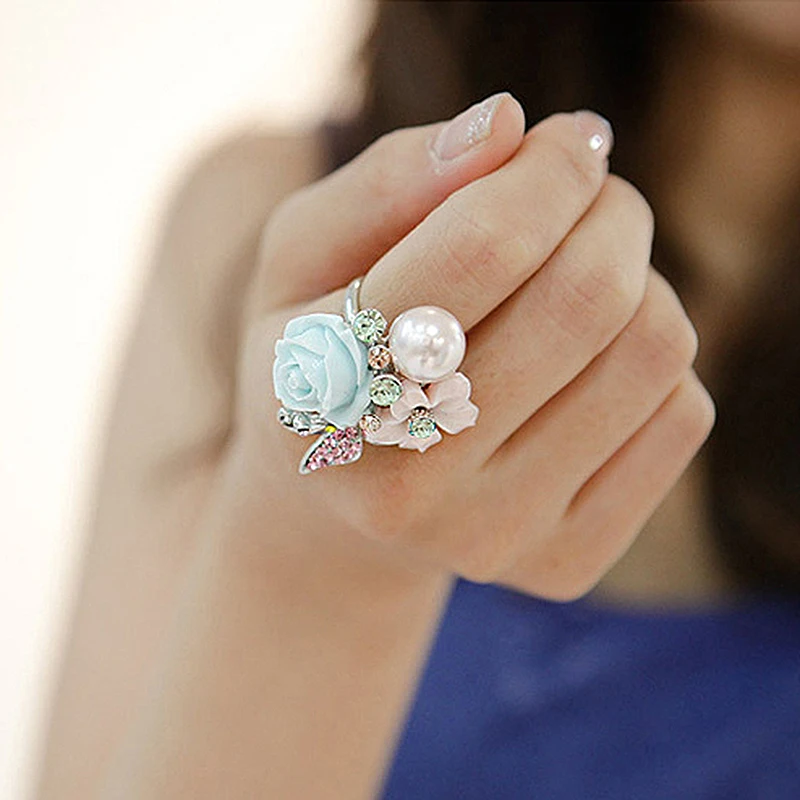 Fashion Korean Simulated Pearl Flower Ring For Girl Flower Butterfly Rose Rings Floral Jewelry Valentine's Gift