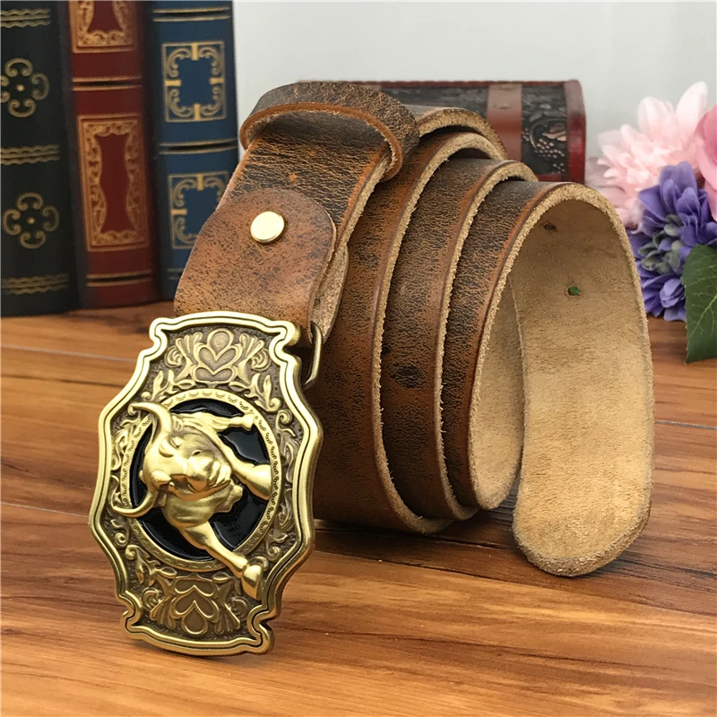 Brass Bull Cowboy Belt Buckle Leather Belt Men Jeans Men Leather Genuine Waist Yellow Belts For Men Wide Belt Male MBT0524