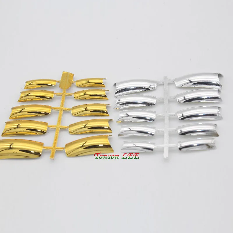 2 Slice Nail Art Full Cover False French Nail Tips Silver+Gold Metal Fake Nails Extension Decorated Manicure Accessories