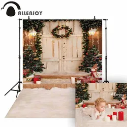 Allenjoy photography background Christmas porch wreath wood door studio backdrop for photographer photocall fabric photobooth