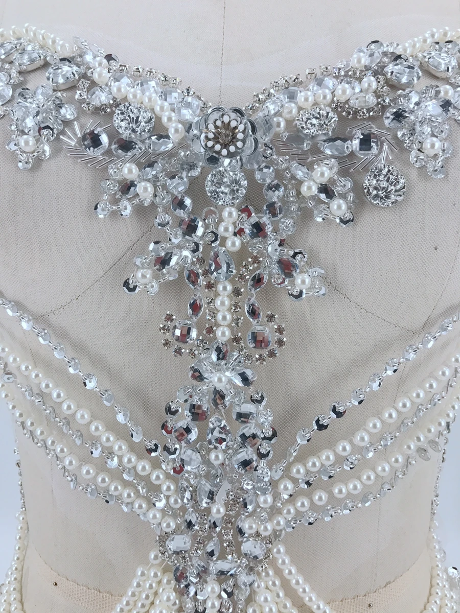 handmade sew on silver rhinestones applique on mesh peal  crystals trim patches 45*38cm for wedding  dress  accessories