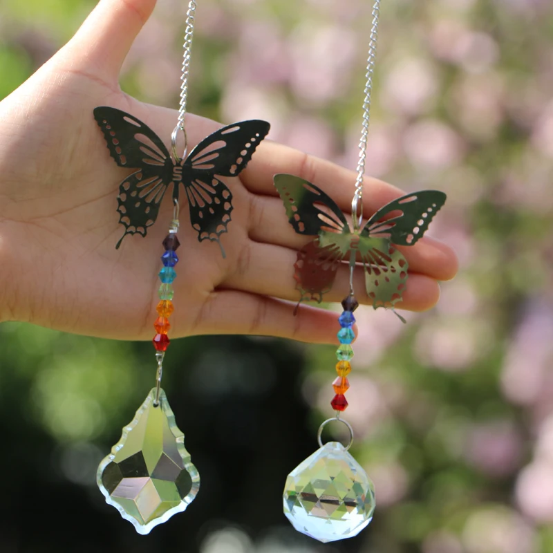 

2PCS Glass Crystal Butterfly Suncatcher Prism Hanging Pendant Feng Shui Decoration Gifts