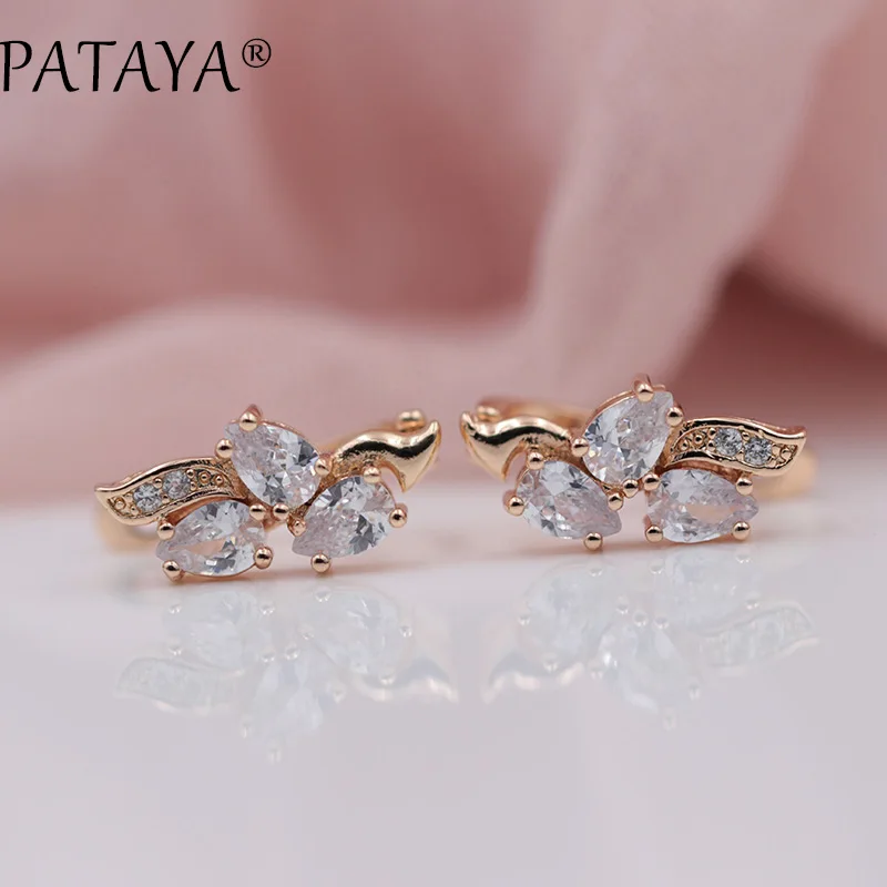 PATAYA New Exclusive 585 Rose Gold Color Water Drop Natural Zirconia Jewelry Women Bohemian Party Butterfly Earrings Rings Sets