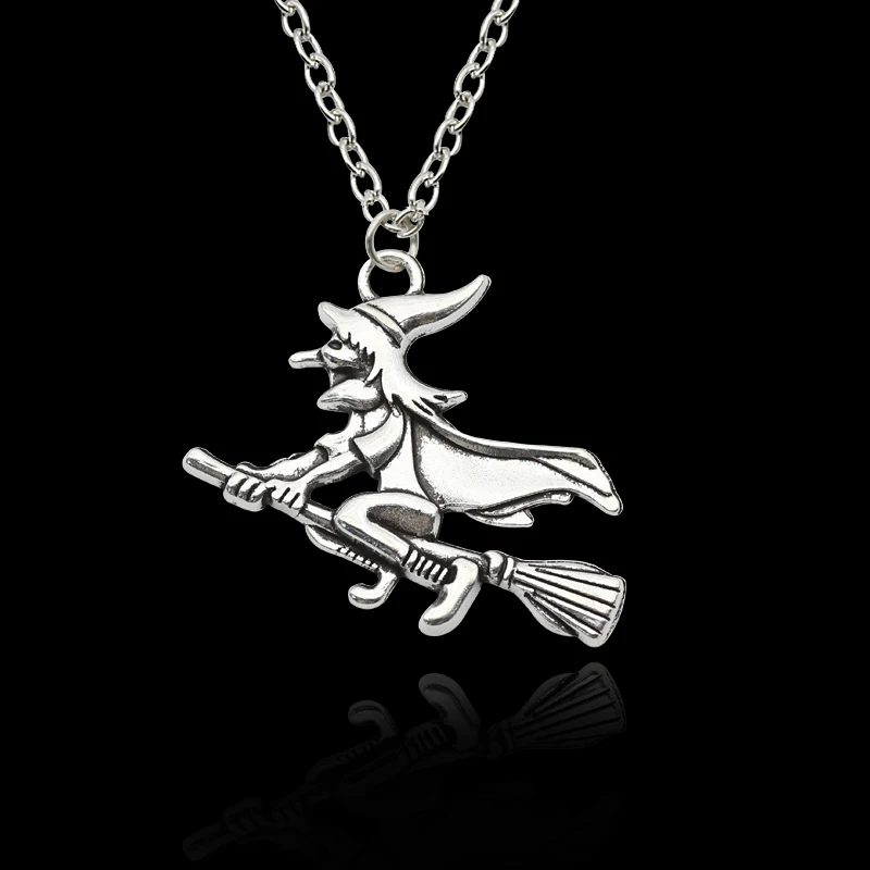 Punk Retro Witch Riding A Broom Necklace Fairy Alloy Neutral Pendant Fashion Men And Women Jewelry Halloween Gift Direct Sales