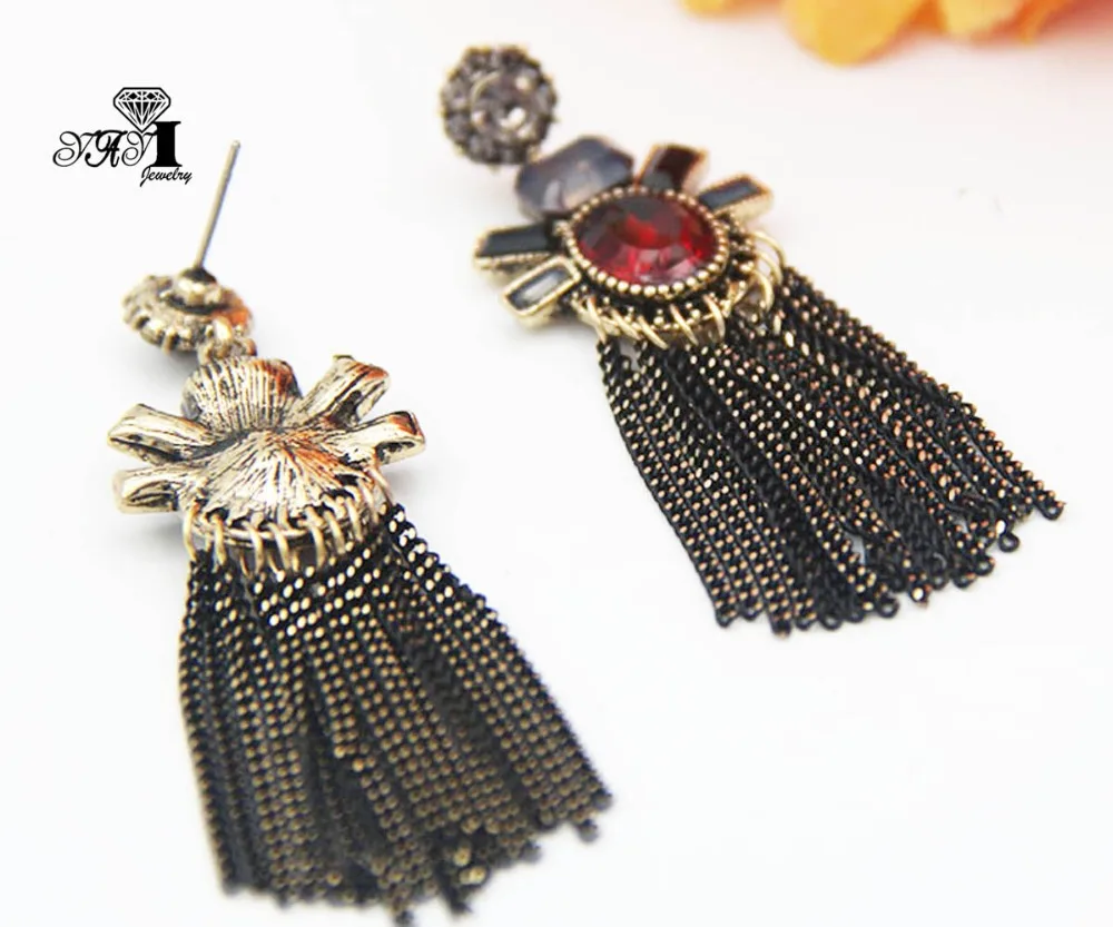 YaYi Jewelry Red Glass  Rhinestone Dangle Crystal Earring Women's  Ancient Silver Color Gem Long Tassels Earrings Gift 1272