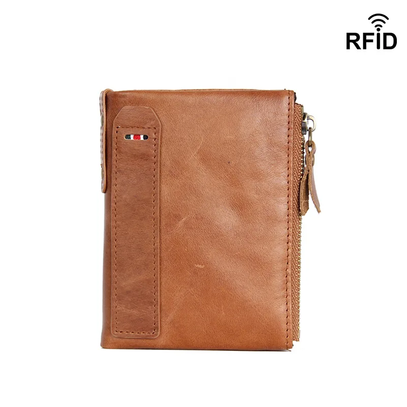 

Explosion Crazy Horse Leather Mens Wallet Geneuine Leather Short Anti-RFID Stolen Brush Mens Wallet Double Zip Purses