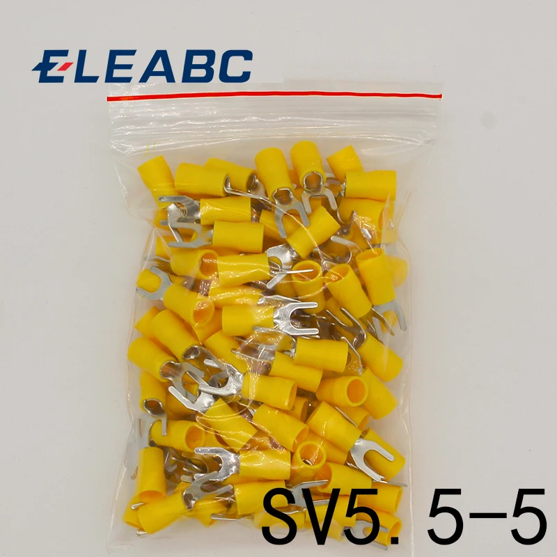 SV5.5-5 Yellow Furcate Terminal Cable Wire Connector 100PCS Fork Type Insulated Wiring Terminals Yellow for AWG 12-10 SV5-5 SV