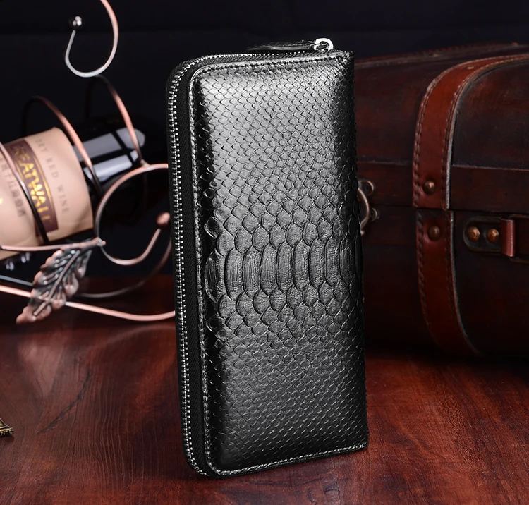 Luxury Quality 100% Genuine/Real python skin leather long size wallets and purse for men zipper closuer beige black cash holder