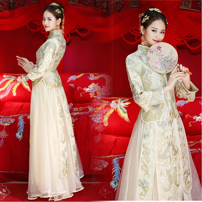 Vintage Xiu He toast Beige Dress Chinese style gown wedding dress Asian Popular Woman embroidery carps Cheongsam Evening costume