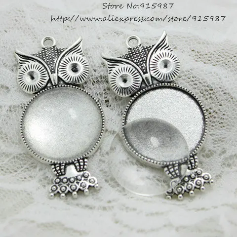 

5set Antique silver Metal crown owl Fit 25mm Round Cabochon Pendant Setting Vintage Blank Charms + Clear Glass Cabochons 6B974