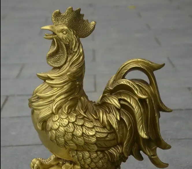 China Folk FengShui Brass Cock Rooster Chicken Stand Wealth Money YuanBao Statue