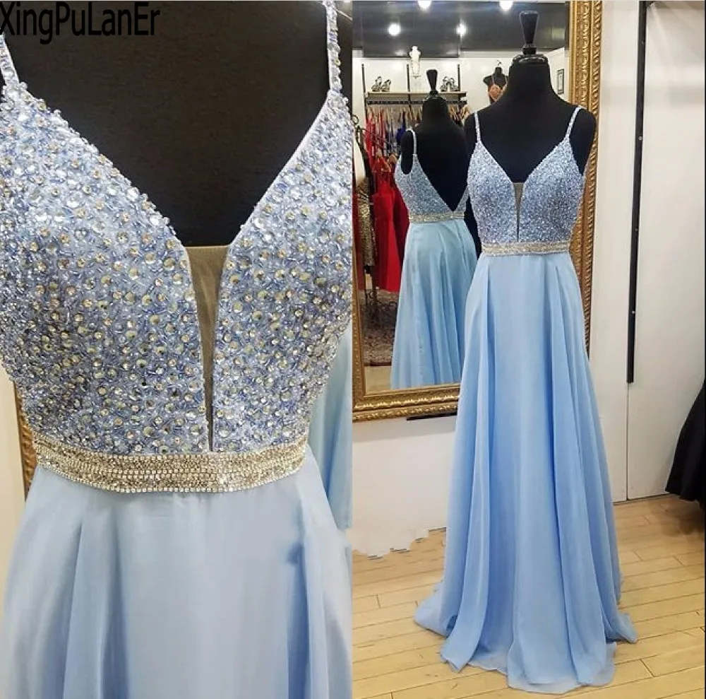 Vestido de fiesta largo con espalda descubierta para niña, traje Sexy con tirantes finos, cuello en V, cuentas azules