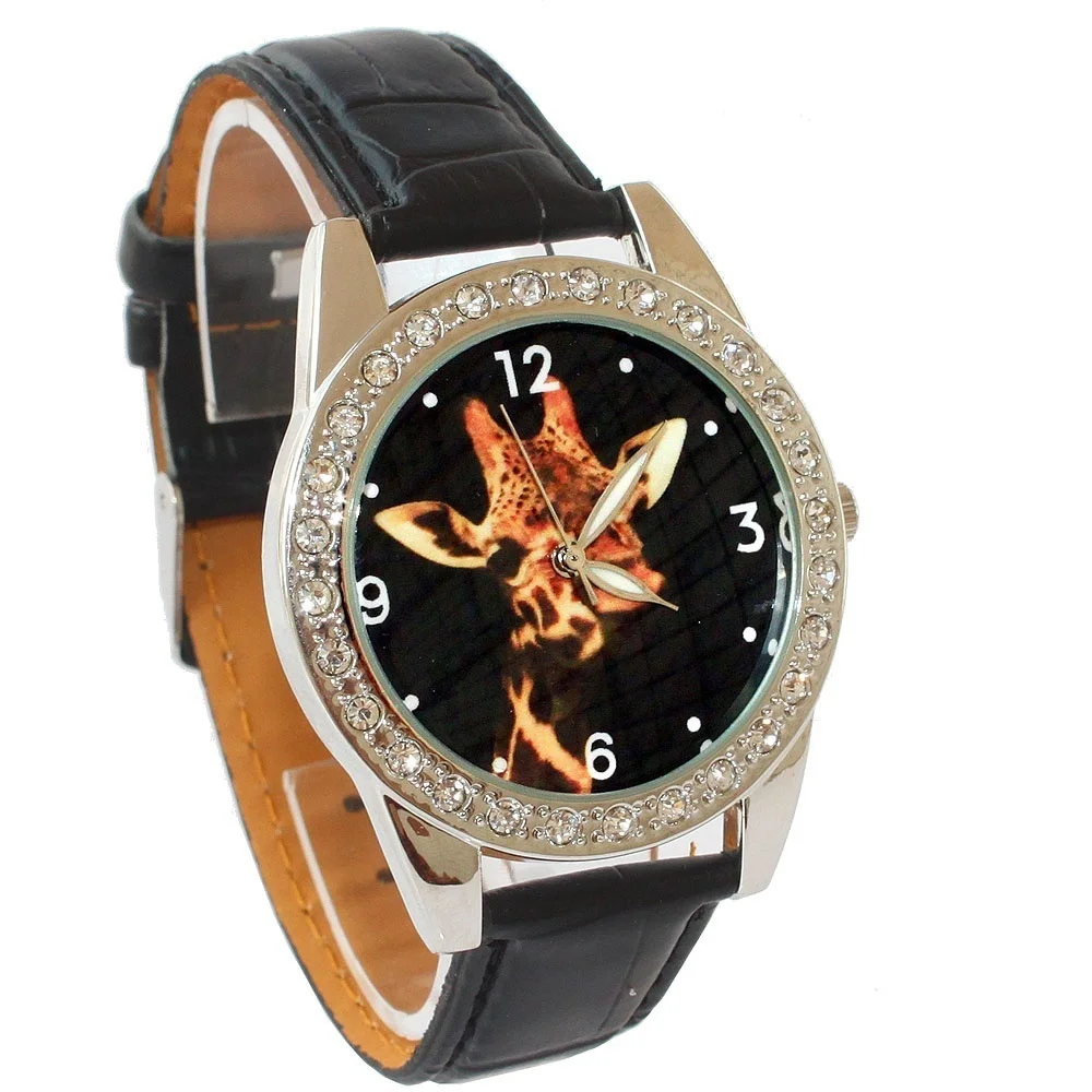 Brand New Giraffe Animal Black Leather Round Crystal Watch Student Gift L12