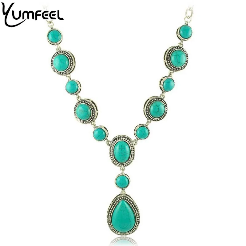 Yumfeel Classic Elegant SyntheticTurquoise Pendant Necklaces Fashion Water Drop Shape Long Chain Necklaces For Women Jewelry