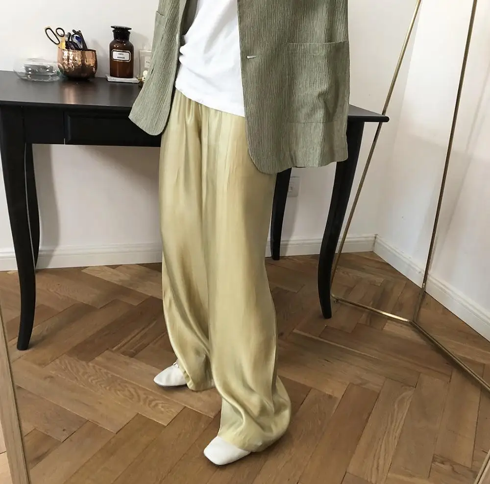 High Quality Silks and Satins Soft High Waist Wide Leg Pants for Summer 2020 Pure Color Luster Loose Mopping Trousers Women