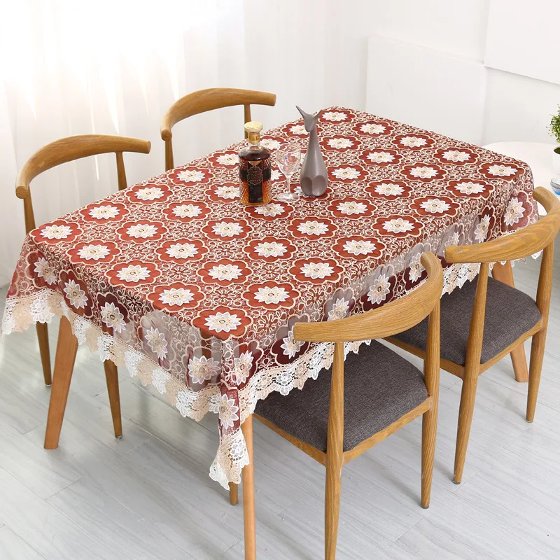 European Transparent Tablecloth with Lotus Embroidery, Water Soluble Lace Hem, Yarn Cover, Washable Table Cloth for Tea Table