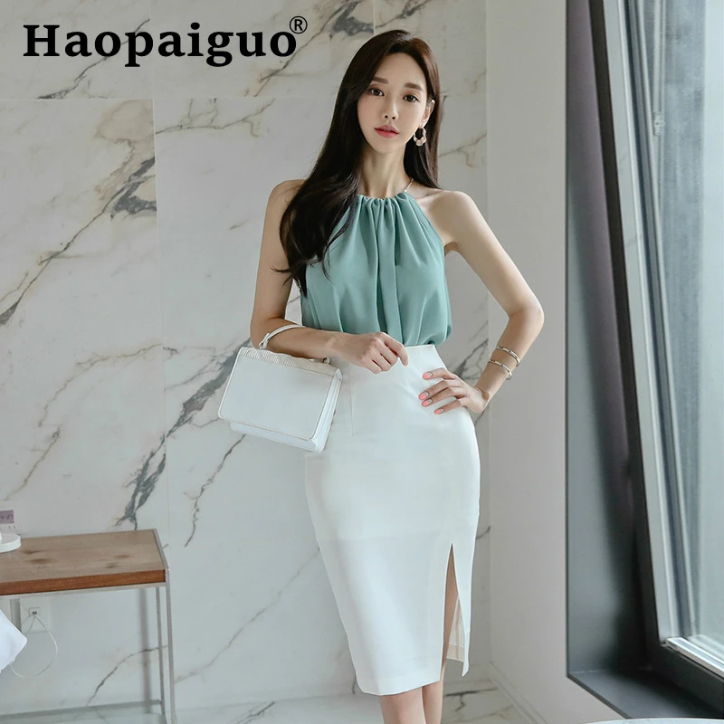 

Plus Size Modis Casual Women Two Piece Set Sleeveless Blouse and Corset Bodycon Wrap White Skirt Elegant Summer 2 Piece Set