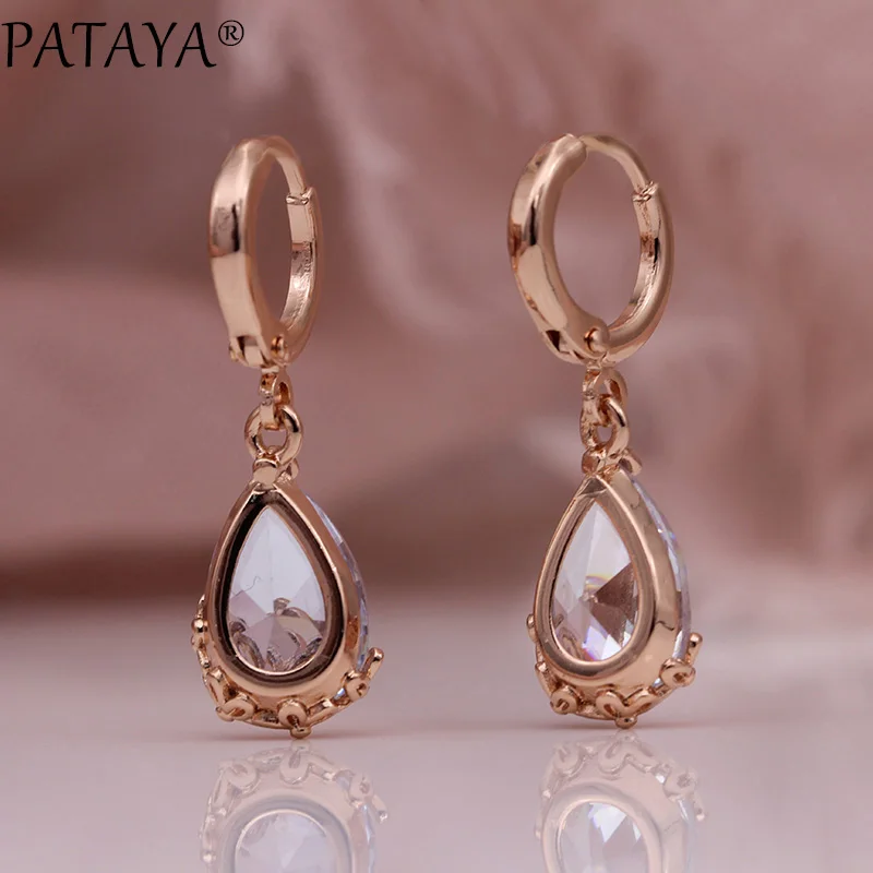 PATAYA New White Water Drop Long Earrings 585 Rose Gold Color Patterned Asymmetry Dangle Earrings Women Wedding Fashion Jewelry