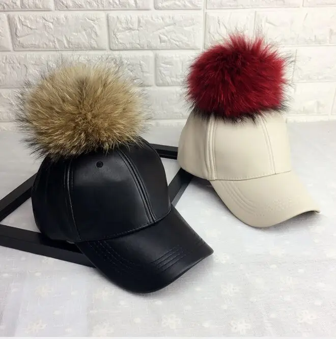 Autumn WInter 15cm Real Fur Pom poms Baseball Caps Artificial Leather Solid Snapbacks Hats Caps Casquette Gorros