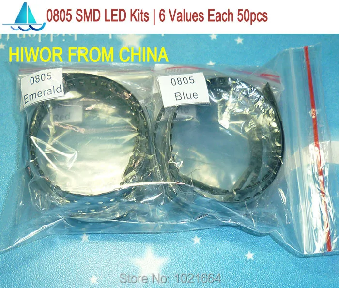 (300pcs/lot)  0805 SMD LED Kits Red Yellow Blue Emerald Green Oviline White 6 colors each 50pcs