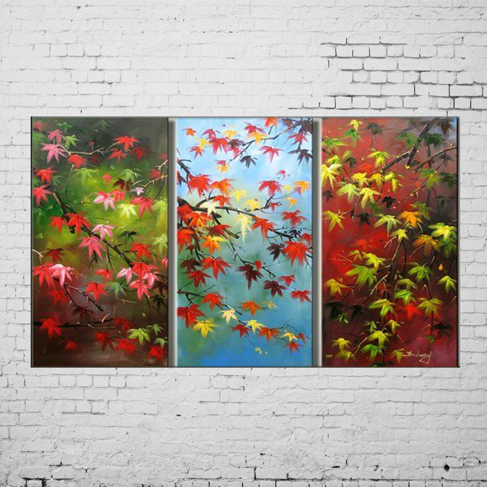 Calligraphy and Painting Handmade Modern Abstract Flower 3 Pieces Maple Leaf Oil Painting on Canvas Wall Acrylic Picture Art