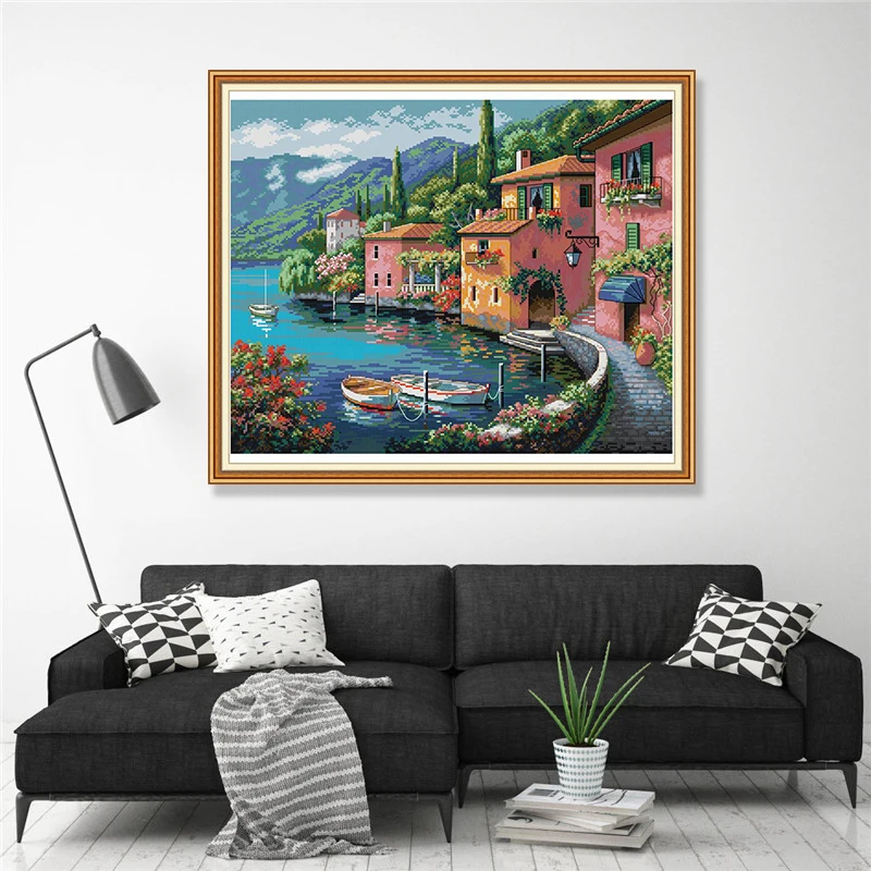 Colorful House by the Water Cross Stitch Kits 11CT Printed Fabric 14CT Counted Canvas DMC Cross-stitch Embroidery Thread Sets