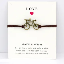 Bicycle Bike Charm Card Bracelets Bronze Jewelry Light Brown Blue Wax Cords Women Men Girl Boy Christmas Gift Drop Shipping