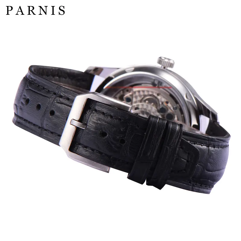 Fashion Parnis 43mm Silver Case Mechanical Automatic Watches Men Power Reserve Calendar Waterproof Watch reloj para hombre 2023