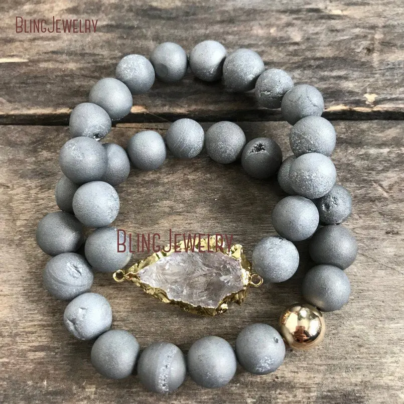 

Arm Party Druzy Geode Bracelet Gray Agates Stretch Power Bead Crystal Quartz Arrowhead BM16196