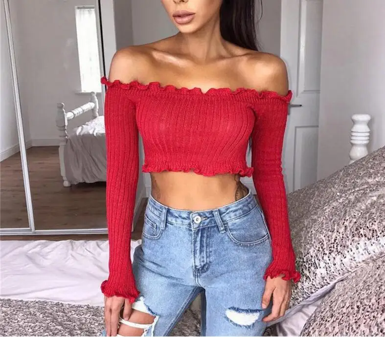 Autumn Blusas Casual Solid Slash neck Blouse Women Female Femme White Long Sleeve Ruffles Sexy Short Off Shoulder Top