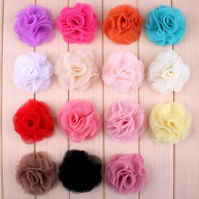 

50pcs/lot 2.4" 15 Colors Hair Clips Mini Crochet Shabby Fabric Flowers For Kids Artificial Tulle Mesh Flowers For Accessories